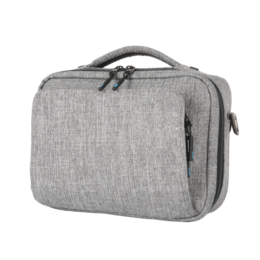 Gray medical device carrying bag with top handle and zip compartments