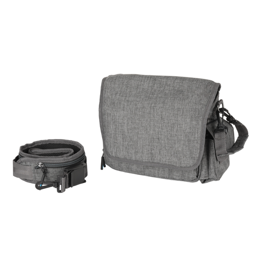 Gray medical device carrying bag with flap and adjustable shoulder strap; includes small pouch