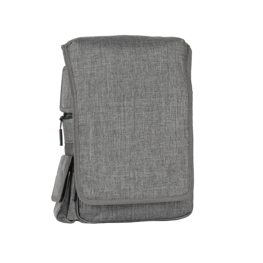 Gray fabric medical device carrying bag with front flap and zip pocket