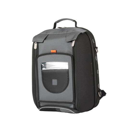 Dark gray/black medical device protection bag with clear front window pocket and handle