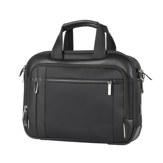 15.6-inch laptop briefcase bag, black with front zip pocket, side zippers, and top handle