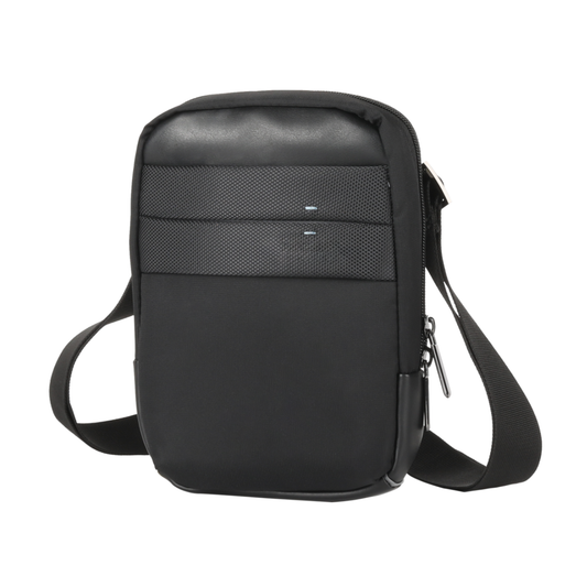 Black cross-over bag with front panel and dual zippers, adjustable strap