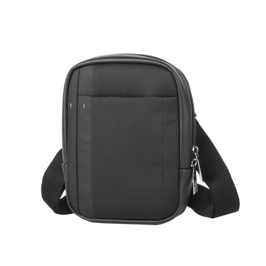 Small black cross-over bag with zip closure and adjustable shoulder strap
