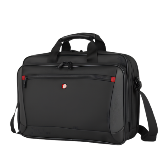 Black laptop messenger bag with front zipper pocket and red accent detail