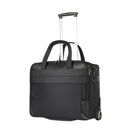 Black rolling tote bag with telescoping handle, front organizer pocket and wheels