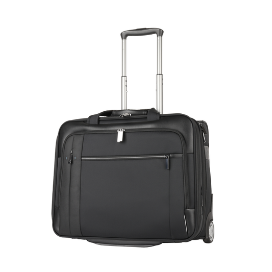 Black rolling tote bag with telescoping handle and side zip pocket, wheeled base