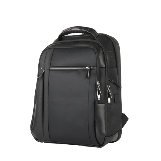 Black laptop backpack with top handle and front zip compartments, for 15.6-inch laptops