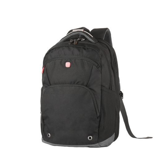 Black 15-inch laptop backpack with front pocket, zip compartments, and padded shoulder strap
