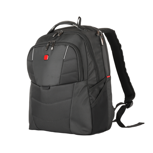 Black business backpack with front zip compartments and padded shoulder strap