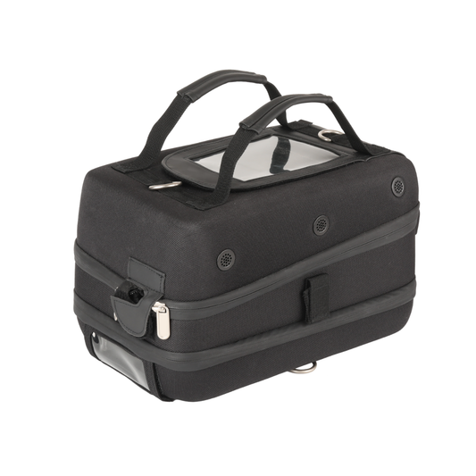 Dark medical device protection bag with double handles, front zipper pocket, shoulder strap loops