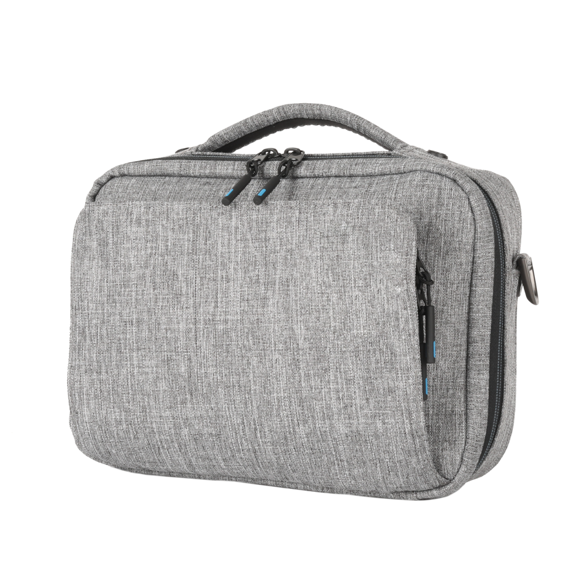 Gray medical device carrying bag with top handle and zip compartments