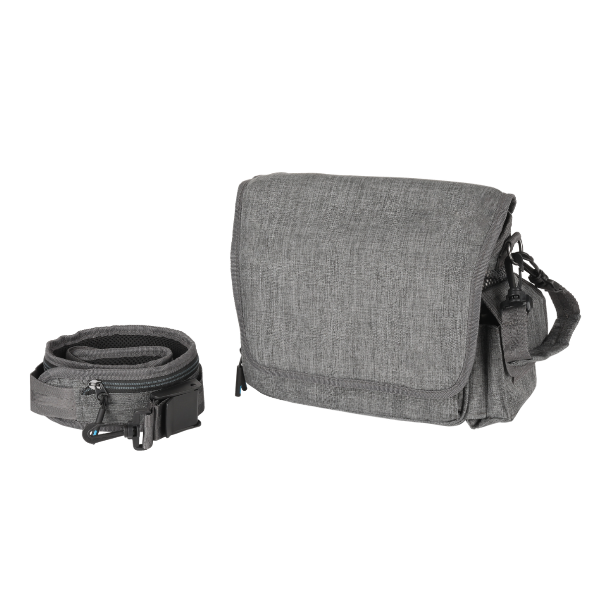 Gray medical device carrying bag with flap and adjustable shoulder strap; includes small pouch