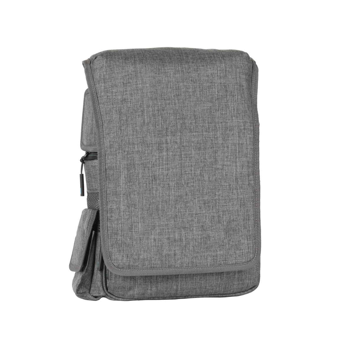 Gray fabric medical device carrying bag with front flap and zip pocket