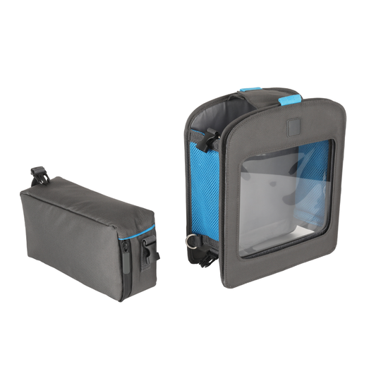 Gray medical device protection bag with blue trim and clear window front pocket