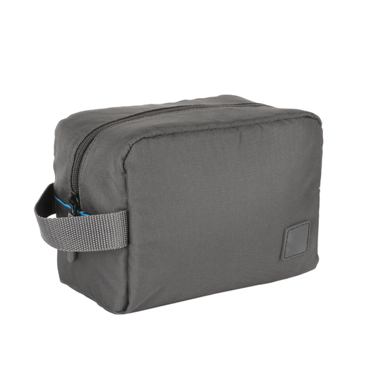 Gray medical device bag with zippered top and front utility panel