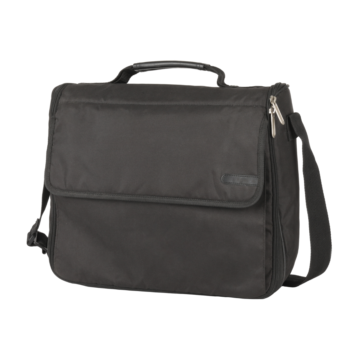 Black medical device carrying bag with front flap pocket, zipper, and shoulder strap