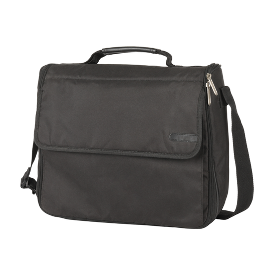 Black medical device carrying bag with front flap pocket, zipper, and shoulder strap