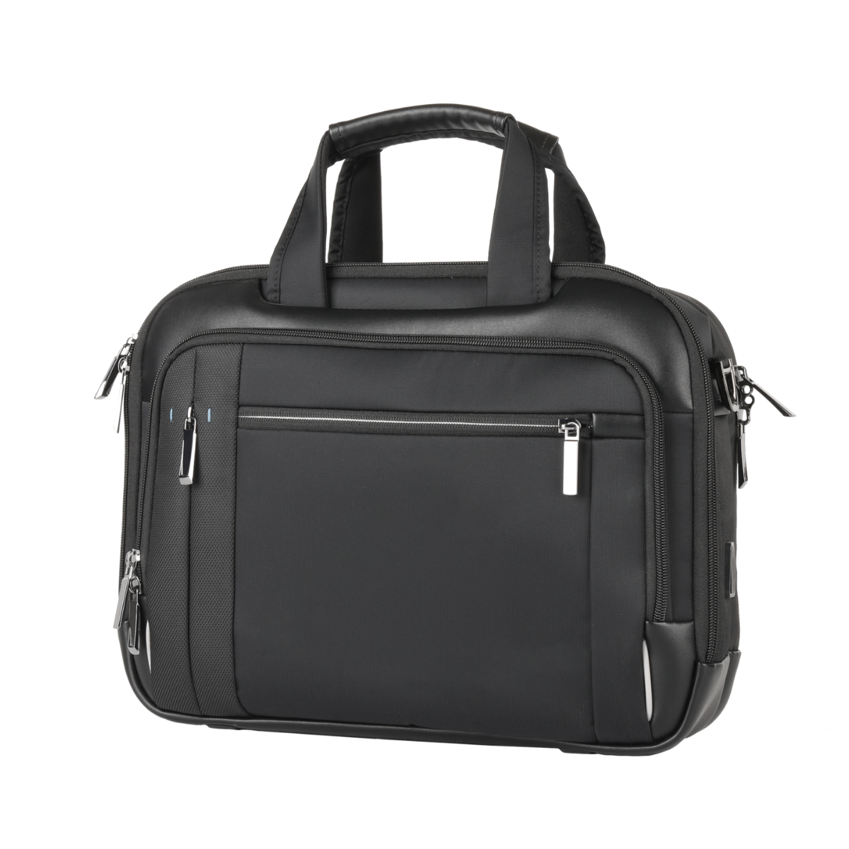 15.6-inch laptop briefcase bag, black with front zip pocket, side zippers, and top handle