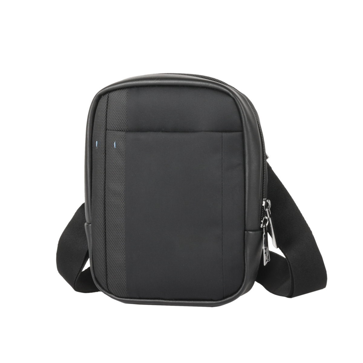 Small black cross-over bag with zip closure and adjustable shoulder strap