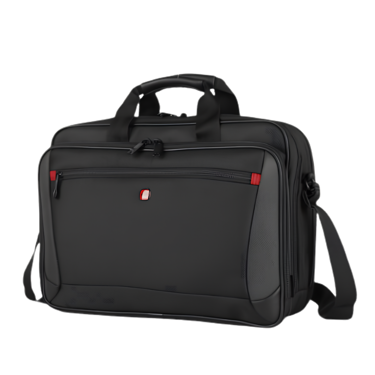 Black laptop messenger bag with front zipper pocket and red accent detail