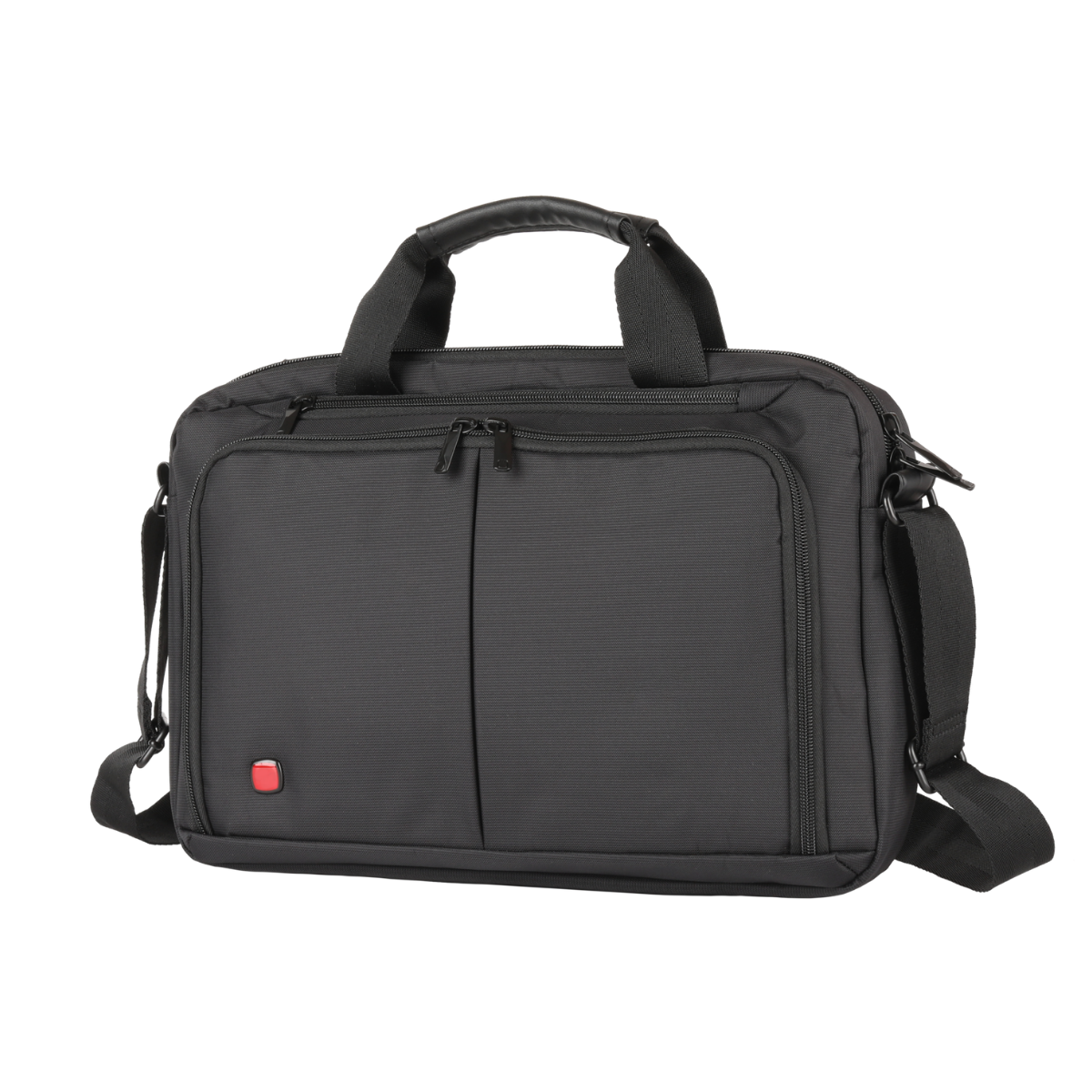 One-shoulder laptop bag in black with front zipper pocket, top handle, strap.