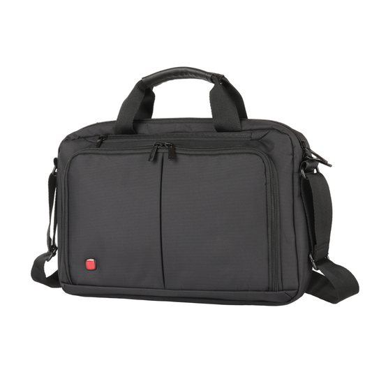 One-shoulder laptop bag in black with front zipper pocket, top handle, strap.