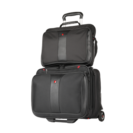 Black rolling pull-rod bag with telescoping handle and dual zip compartments