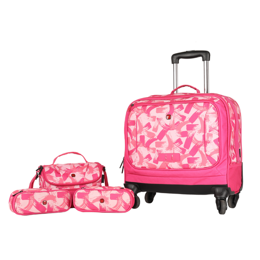 Pink rolling duffel suitcase with telescoping handle, wheels, and matching accessory pouches