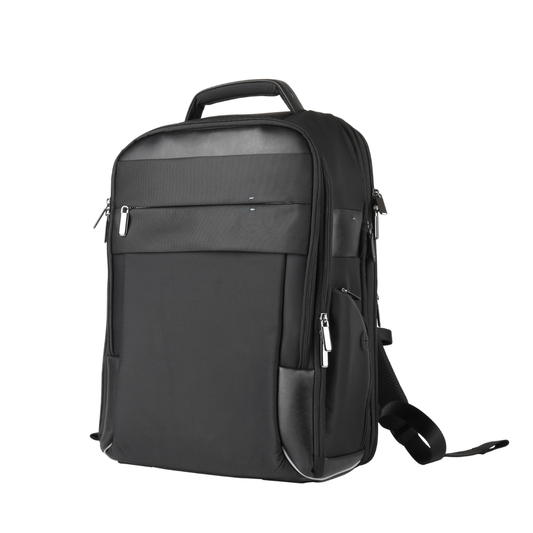 Black laptop backpack with front zip pocket and side straps, for 15.6-inch laptops