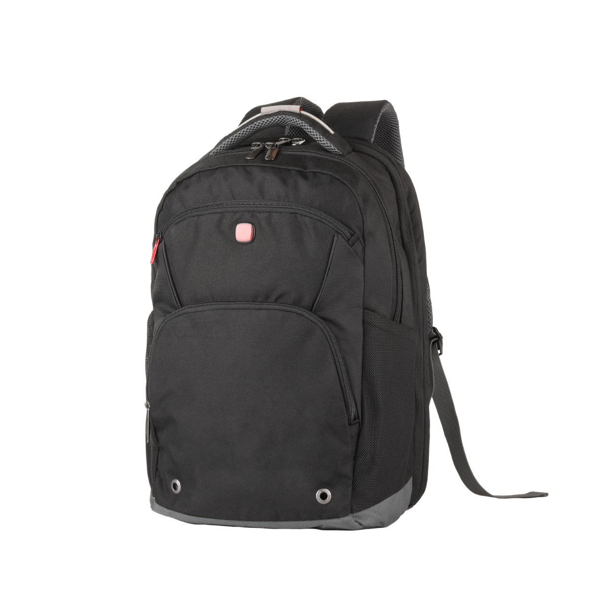 Black 15-inch laptop backpack with front pocket, zip compartments, and padded shoulder strap
