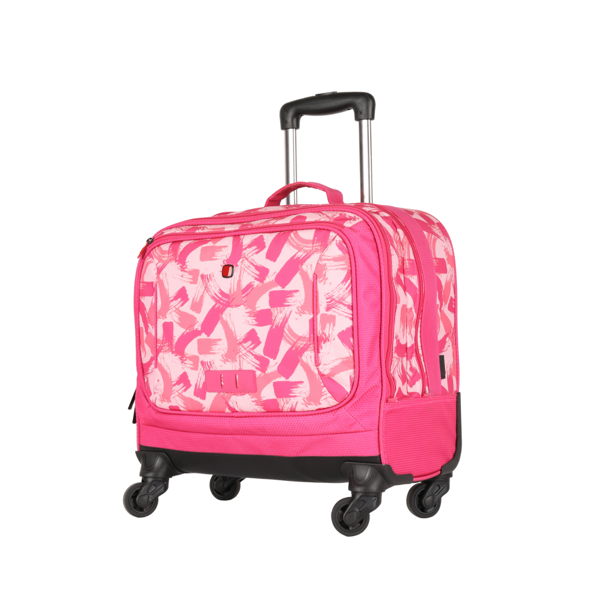 Pink rolling suitcase with telescoping handle, four spinner wheels, and front zip pocket