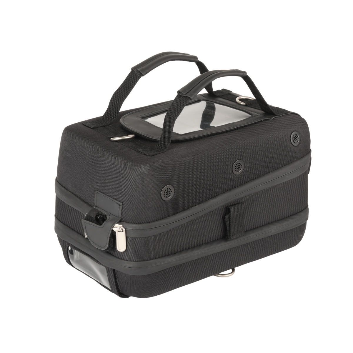 Dark medical device protection bag with double handles, front zipper pocket, shoulder strap loops